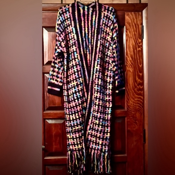 New Multicolor black long bohemian cardigan coat with fringes size s/m - Picture 8 of 15